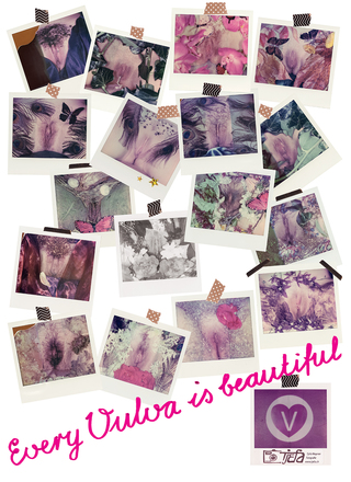 Poster mit verschiedenen Polaroids von Vulven die geschmückt sind, Vulvaposter, mit der Aufschrift "Every Vulva is beautiful"